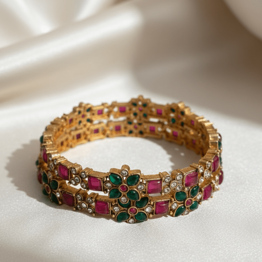 Ruby Emerald Bloom Bangles - Pehnaawaa