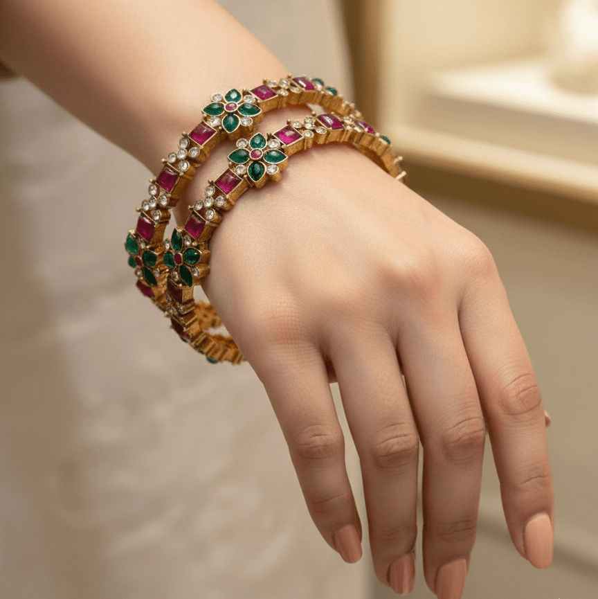 Ruby Emerald Bloom Bangles - Pehnaawaa