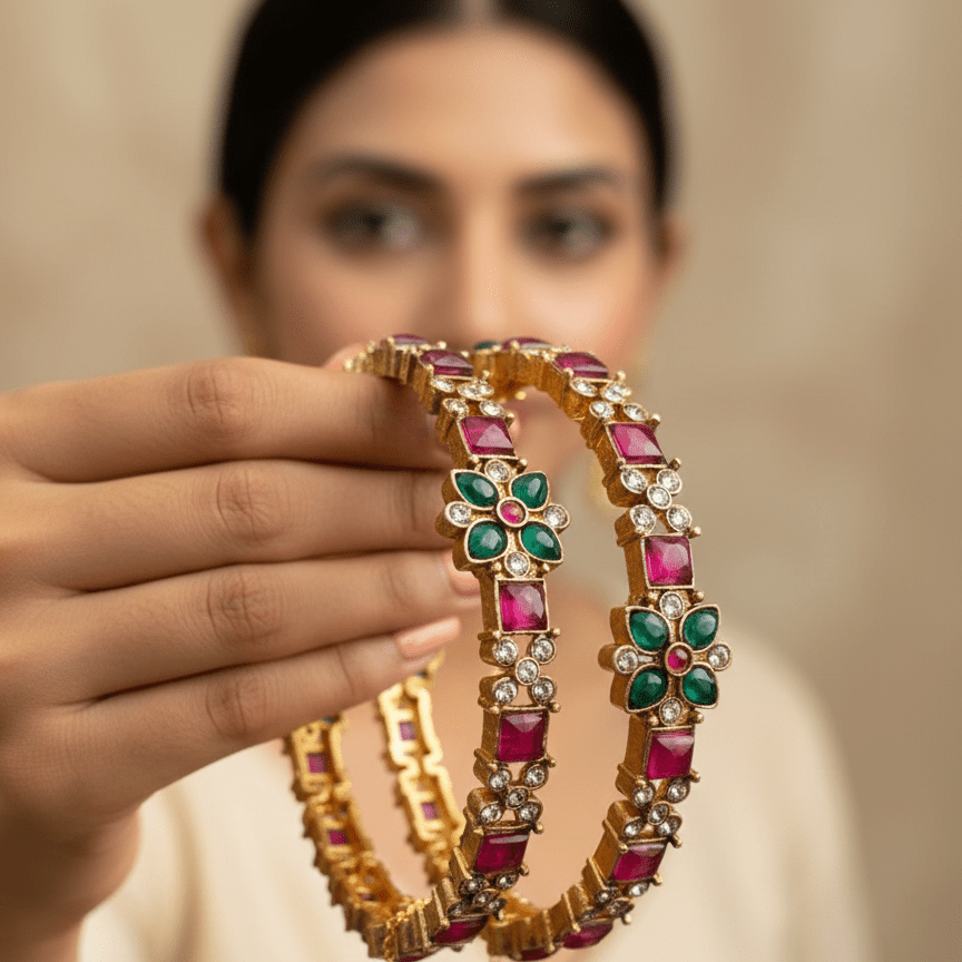Ruby Emerald Bloom Bangles - Pehnaawaa