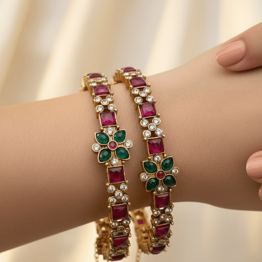 Ruby Emerald Bloom Bangles - Pehnaawaa