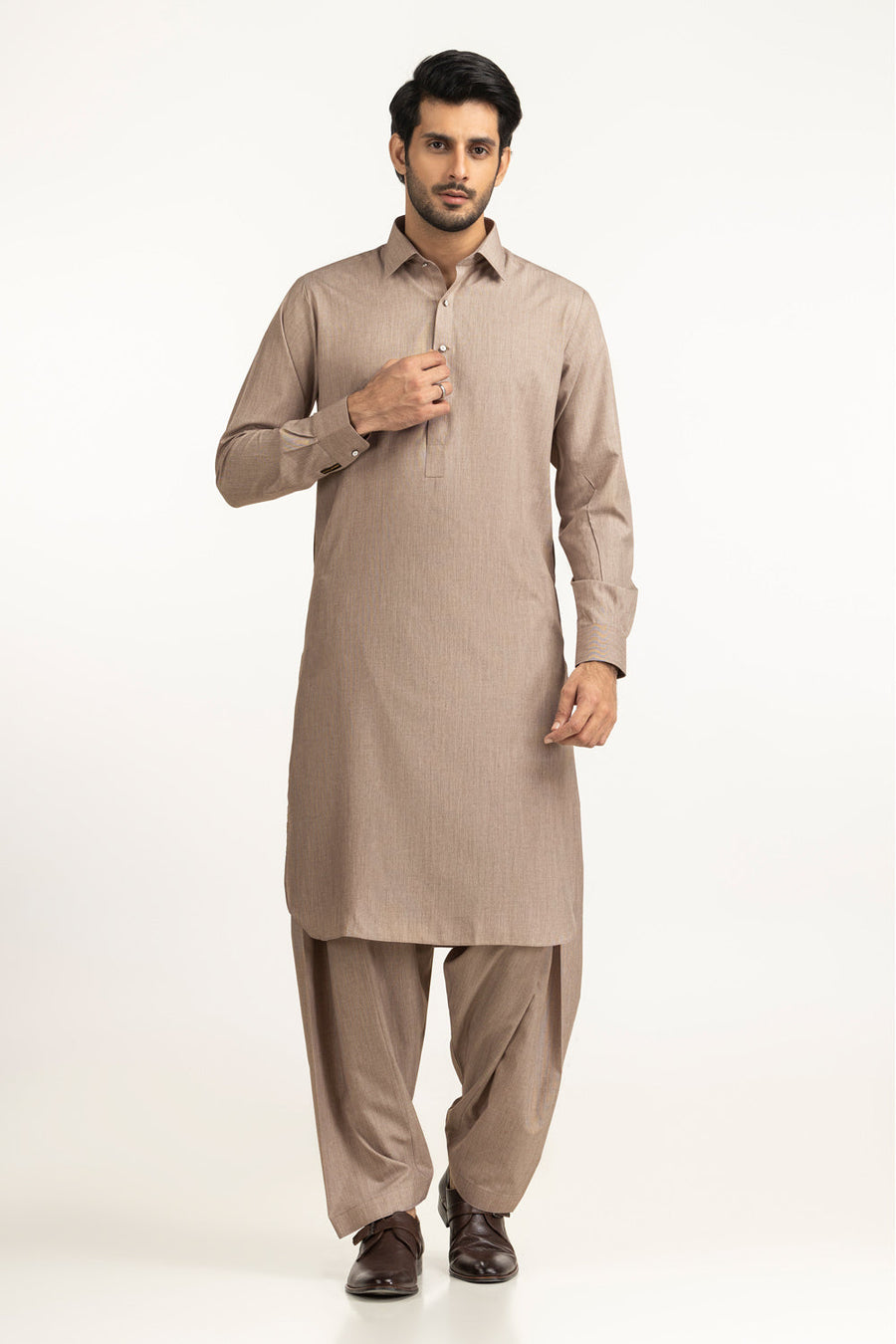 Beige Cotton 2-Piece Men's Salwar Kameez | Collar Placket - Pehnaawaa