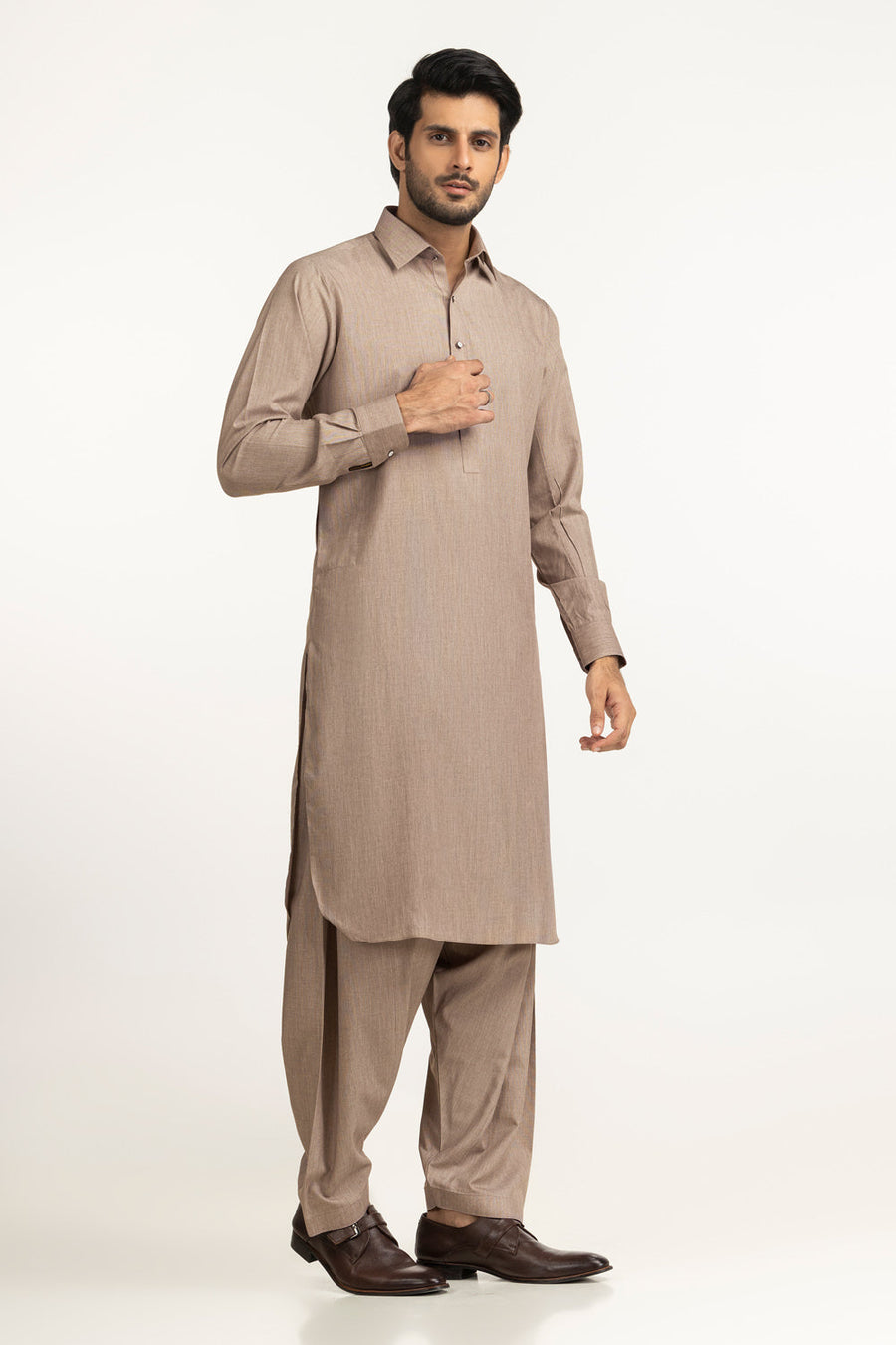 Beige Cotton 2-Piece Men's Salwar Kameez | Collar Placket - Pehnaawaa