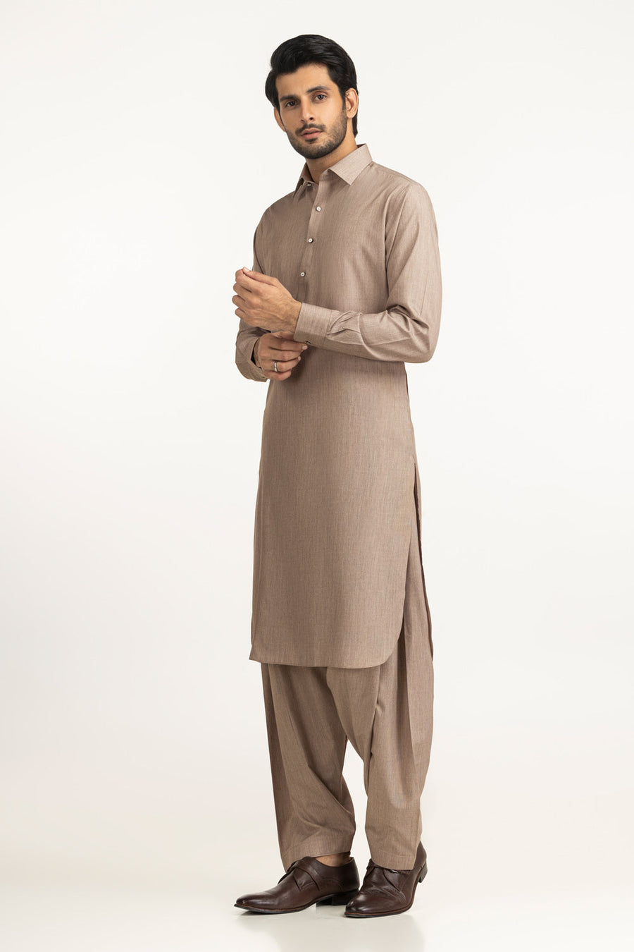 Beige Cotton 2-Piece Men's Salwar Kameez | Collar Placket - Pehnaawaa