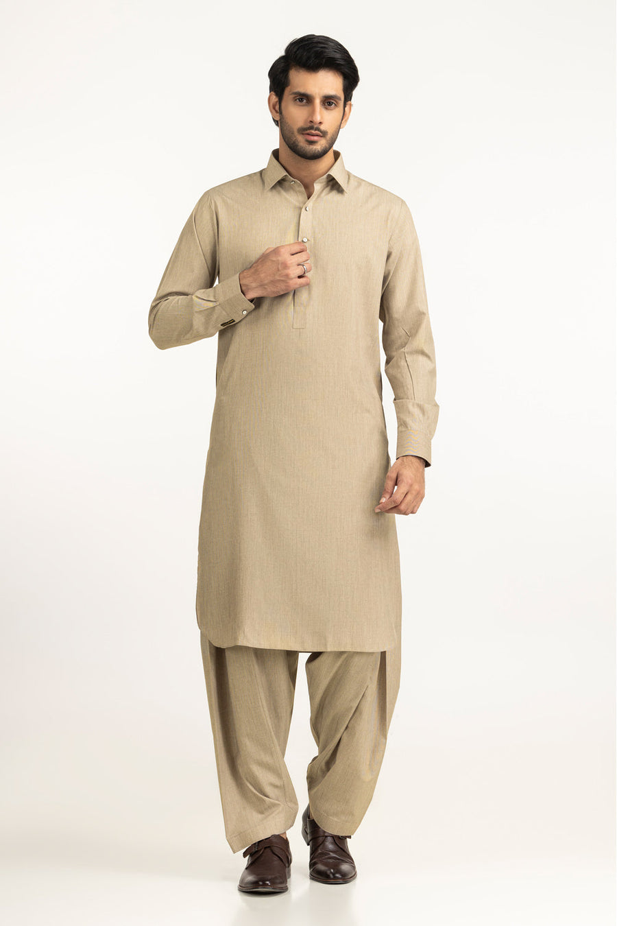 Beige Cotton 2-Piece Men's Salwar Kameez | Collar Placket - Pehnaawaa