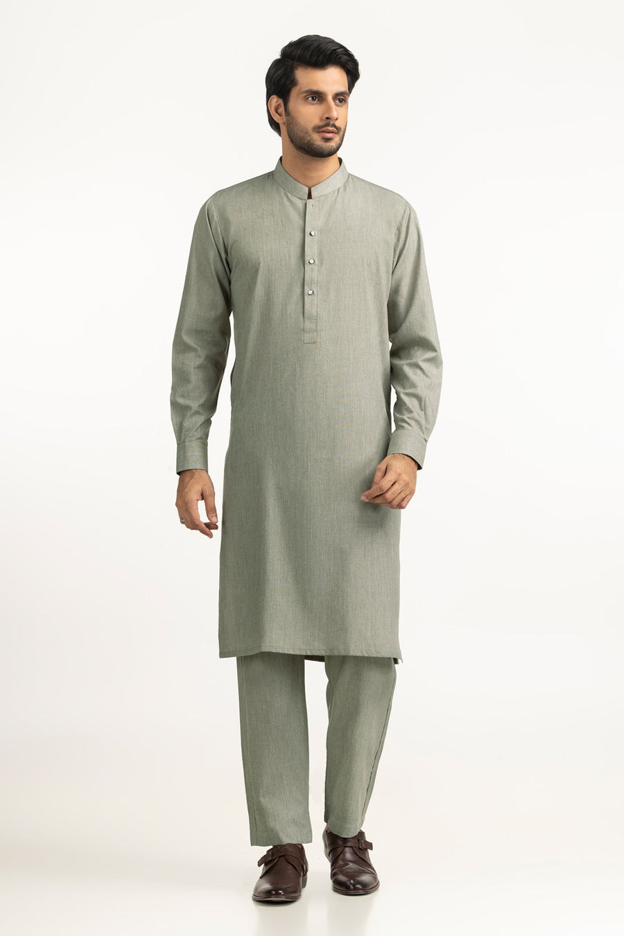 Beige Cotton 2-Piece Men's Salwar Kameez | Collar Placket - Pehnaawaa