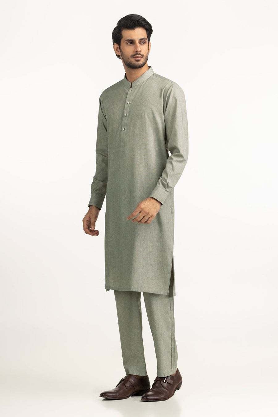 Beige Cotton 2-Piece Men's Salwar Kameez | Collar Placket - Pehnaawaa