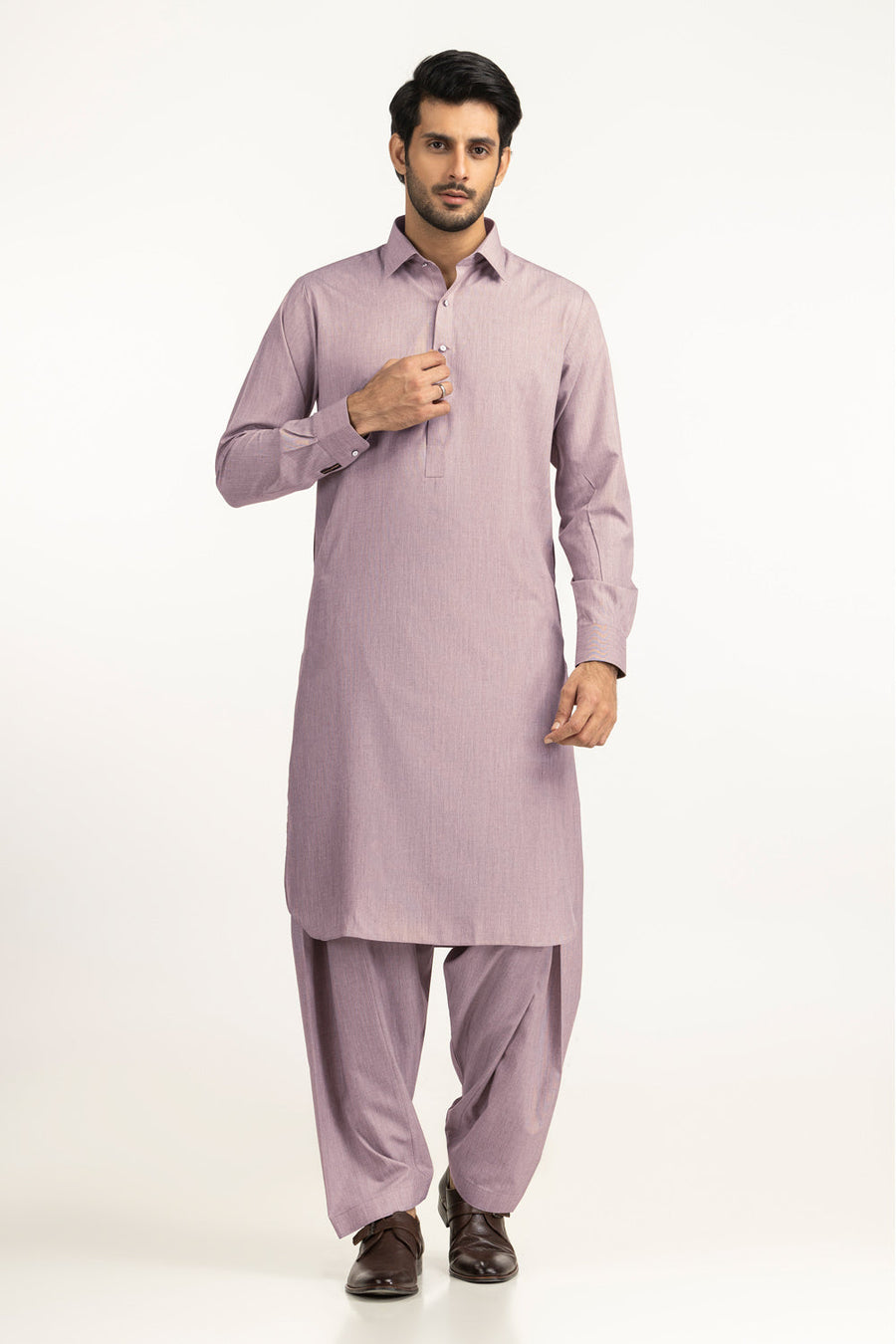 Beige Cotton 2-Piece Men's Salwar Kameez | Collar Placket - Pehnaawaa