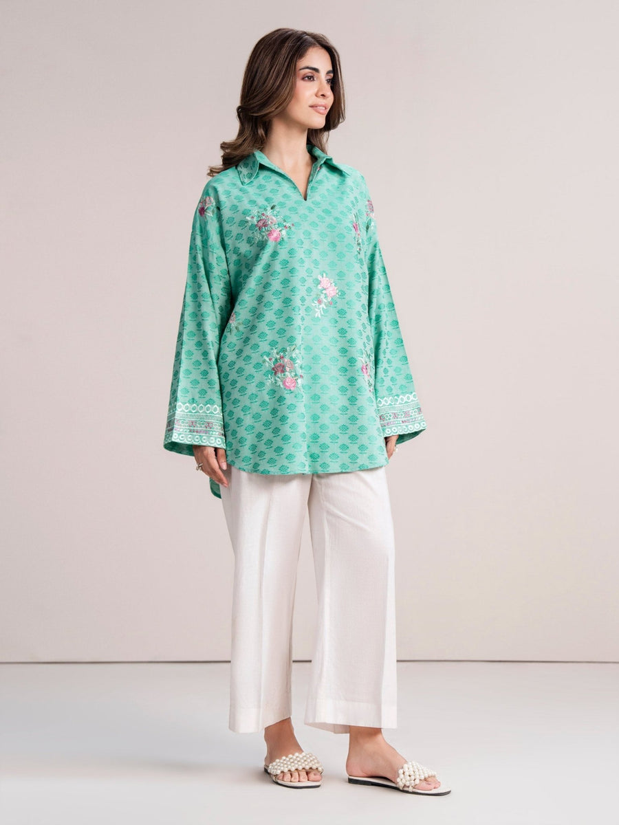Self Jacquard Kurti - Embroidered (Pret) - Pehnaawaa