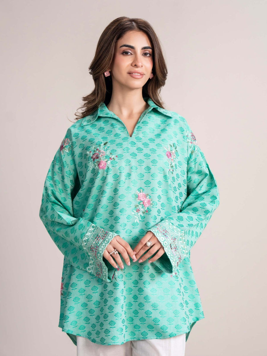 Self Jacquard Kurti - Embroidered (Pret) - Pehnaawaa