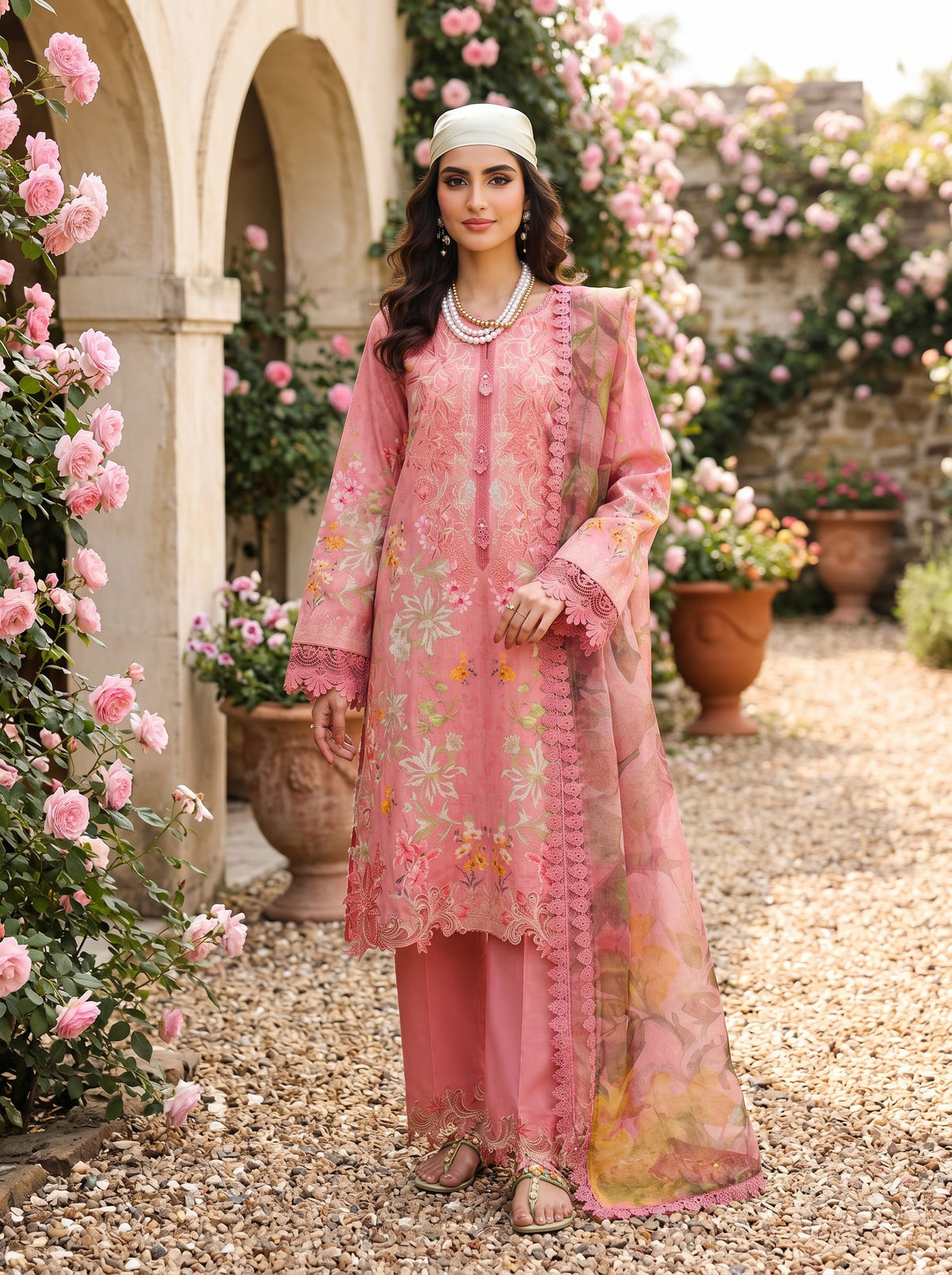 Blush Pink Printed Satin Stripe Lawn Suit with Voil Dupatta