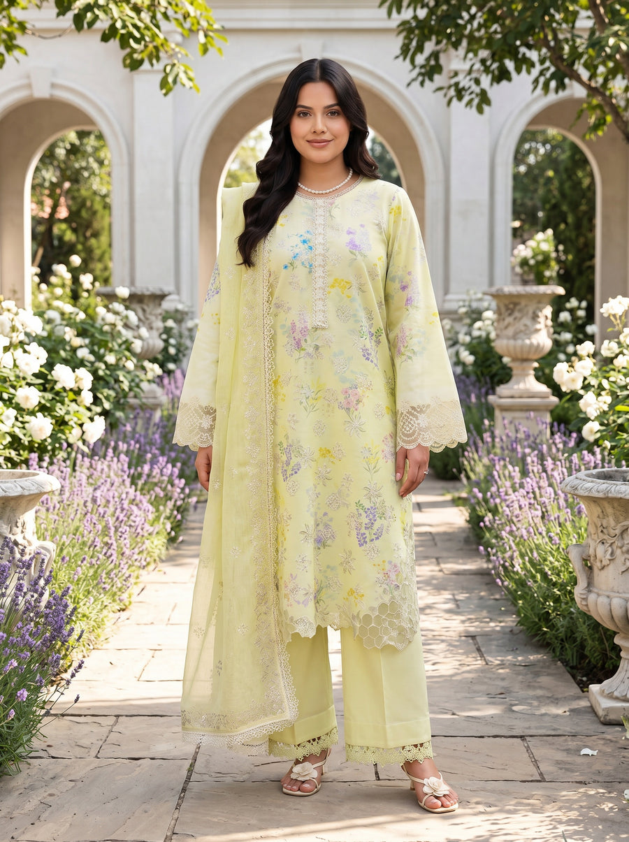 Misha Soft Lime Printed Embroidered Lawn Suit with Embroidered Dupatta