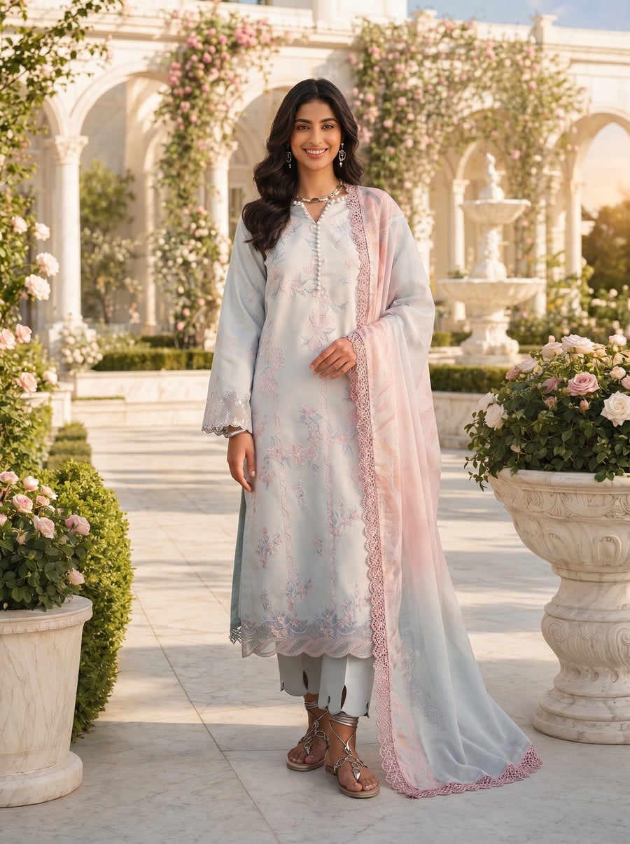 Celeste Powder Blue Embroidered Lawn Suit with Silk Dupatta