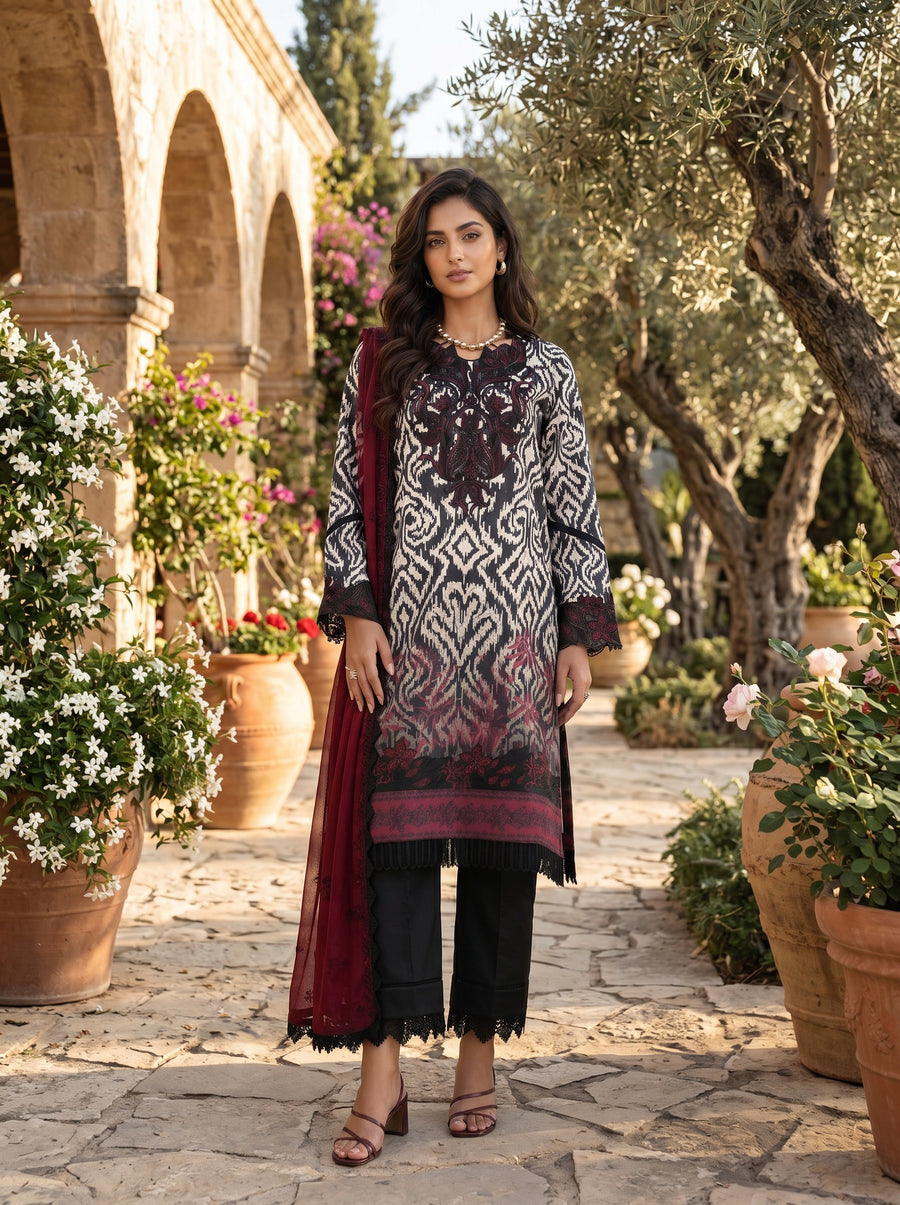 Peony Ivory & Black Printed Lawn Suit with Embroidered Chiffon Dupatta