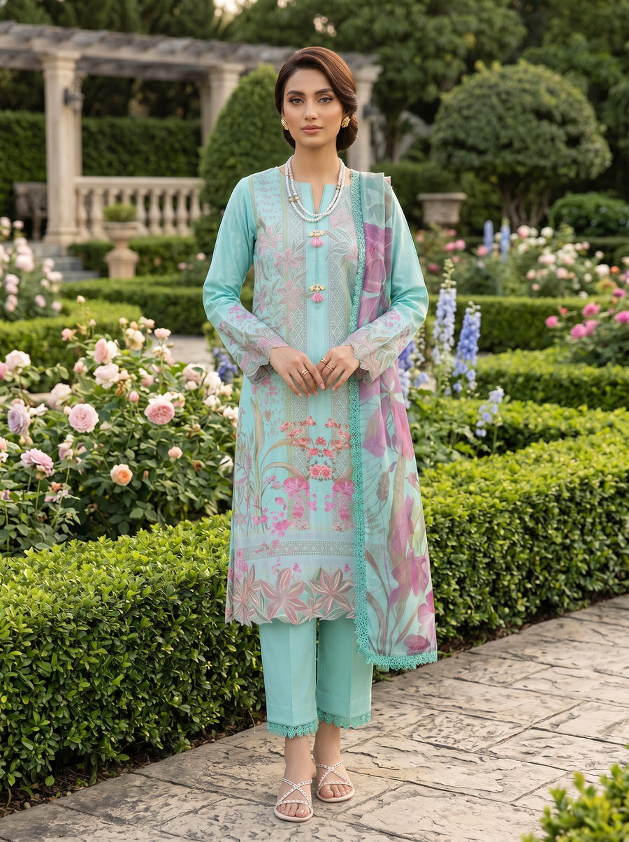 Aster Aqua Printed Lawn Suit with Voil Dupatta