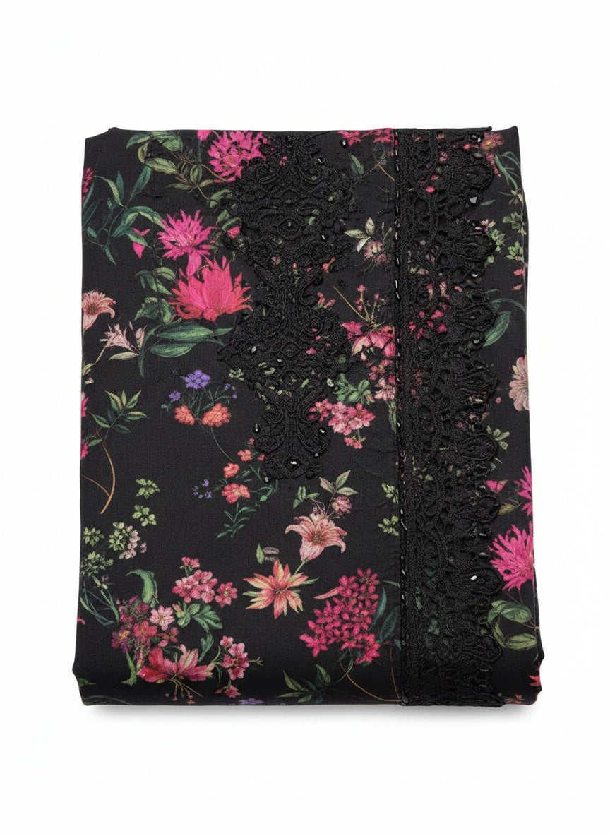 Midnight Black Printed Lawn Suit with Slub Dupatta