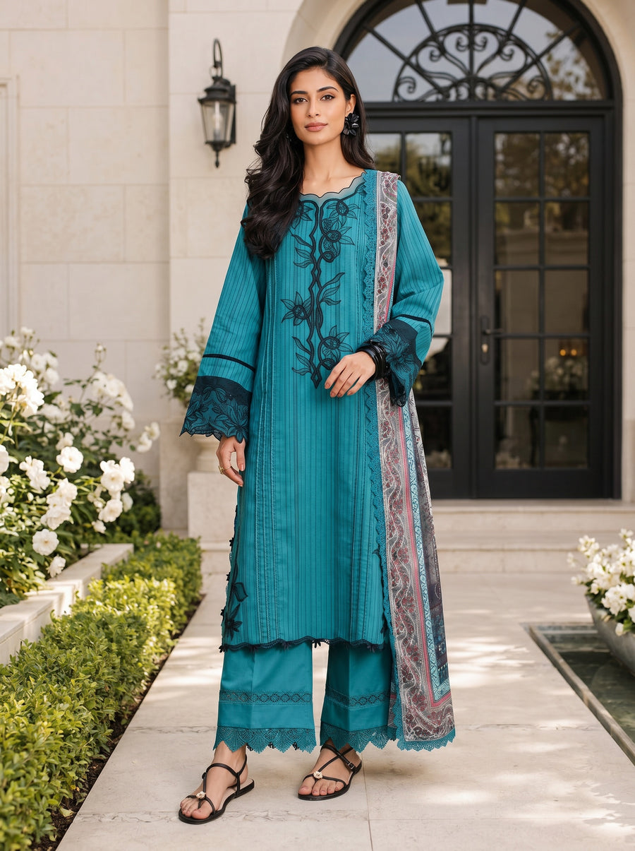 Rosemary Teal Printed Lawn Suit with Chiffon Dupatta