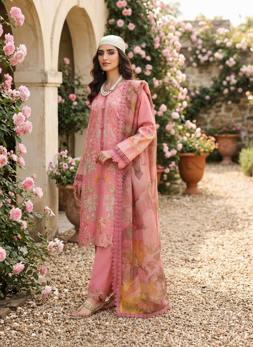 Blush Pink Printed Satin Stripe Lawn Suit with Voil Dupatta