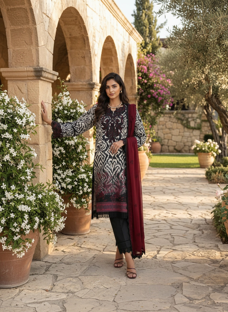 Peony Ivory & Black Printed Lawn Suit with Embroidered Chiffon Dupatta