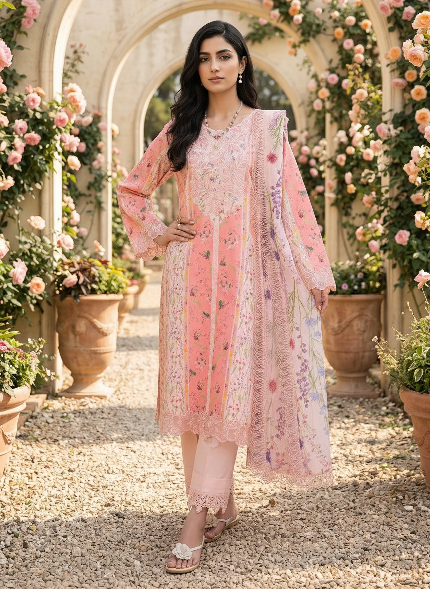 Daisy Coral Printed Satin Stripe Lawn Suit with Silk Dupatta