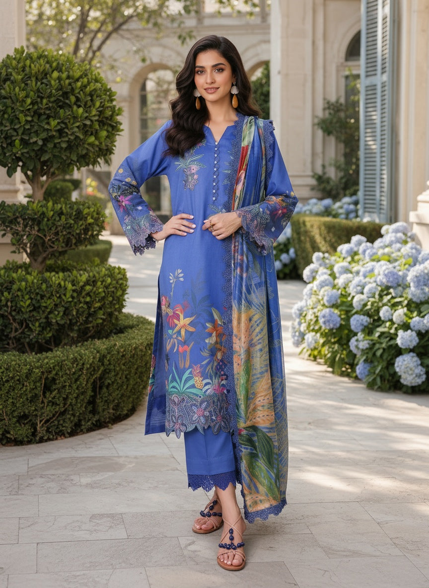 Symphonia Blue Printed Lawn Suit with Slub Dupatta