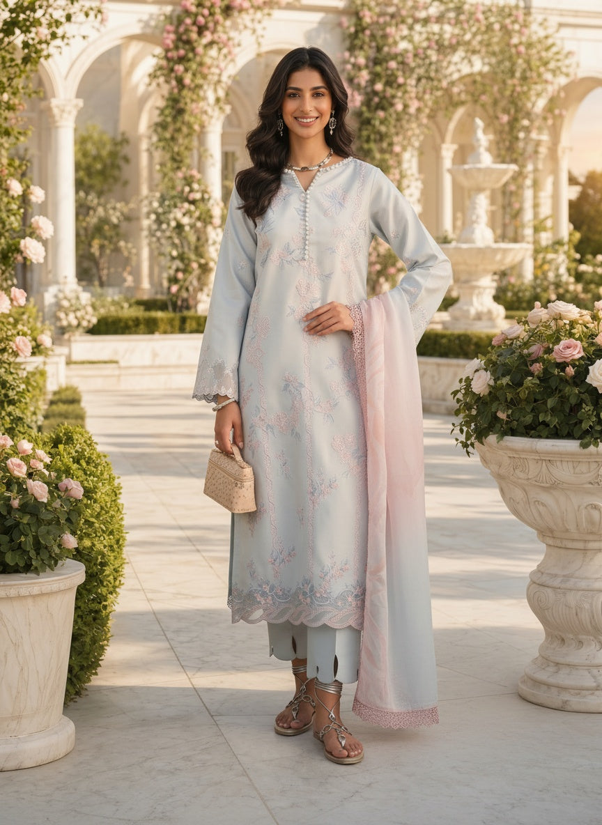 Celeste Powder Blue Embroidered Lawn Suit with Silk Dupatta