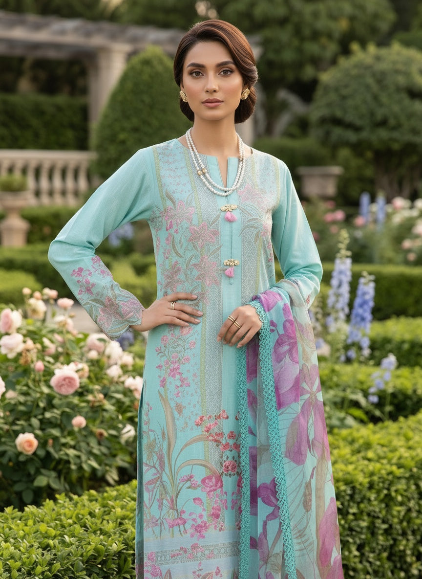 Aster Aqua Printed Lawn Suit with Voil Dupatta