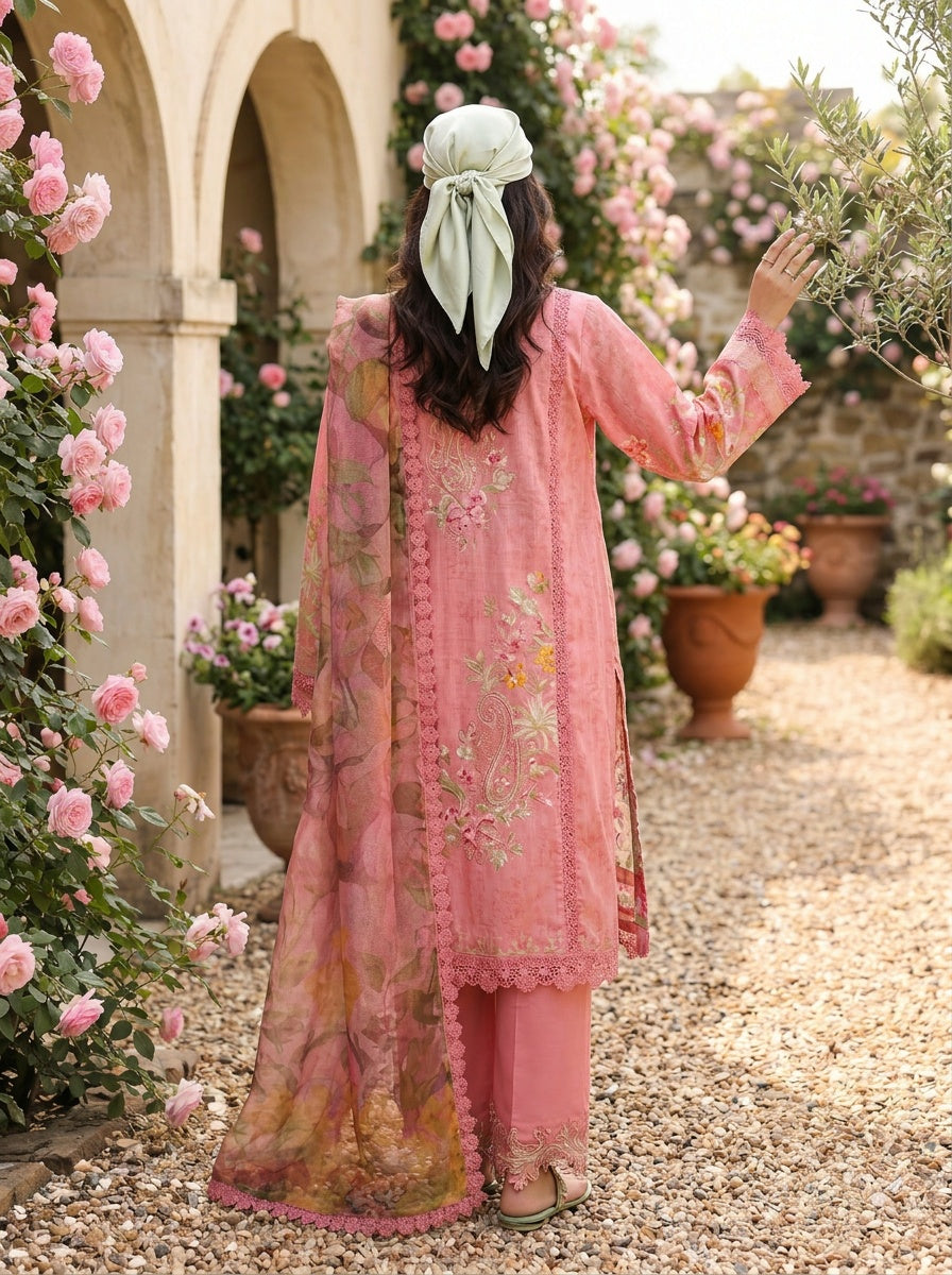 Blush Pink Printed Satin Stripe Lawn Suit with Voil Dupatta