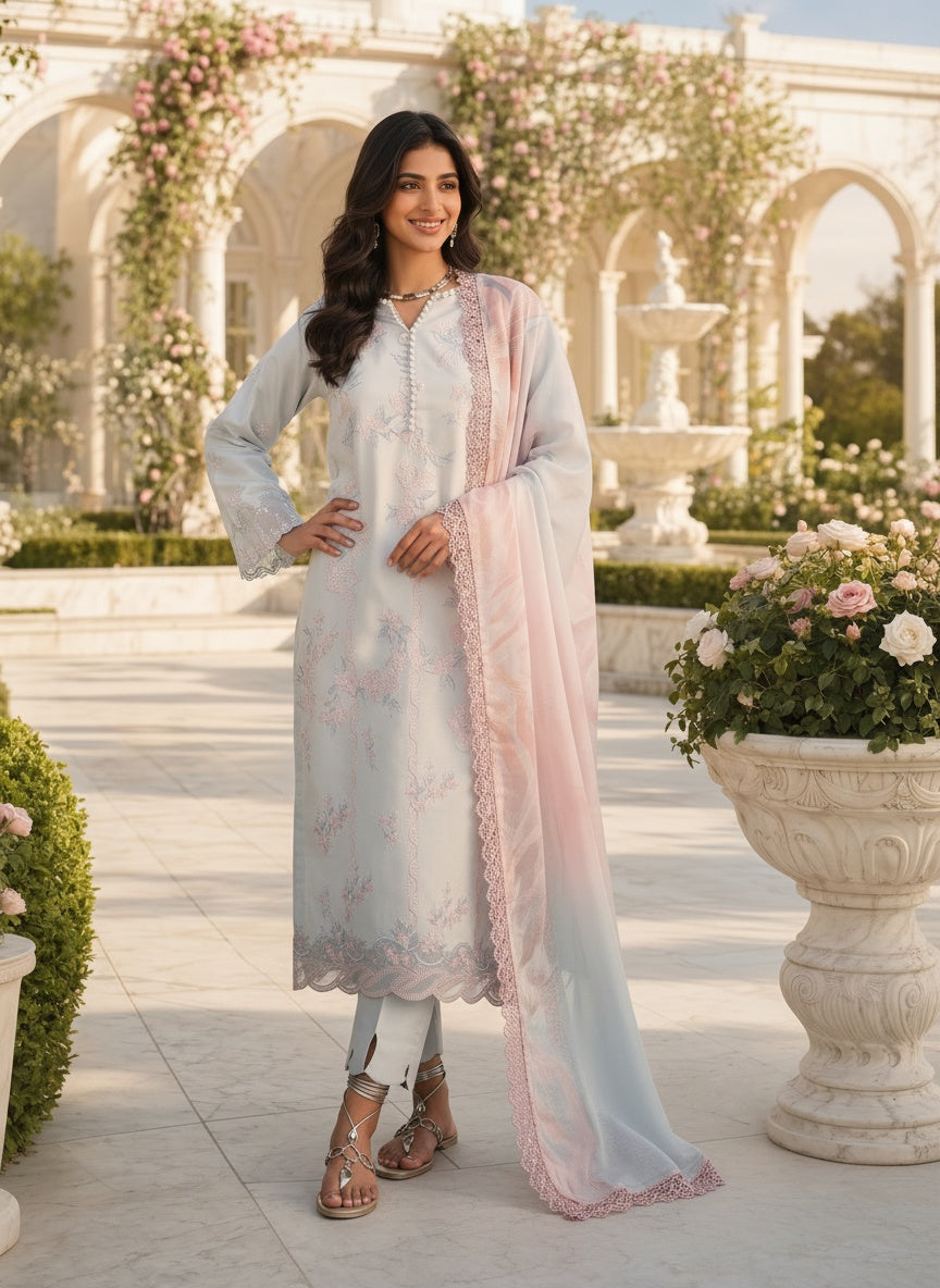 Celeste Powder Blue Embroidered Lawn Suit with Silk Dupatta