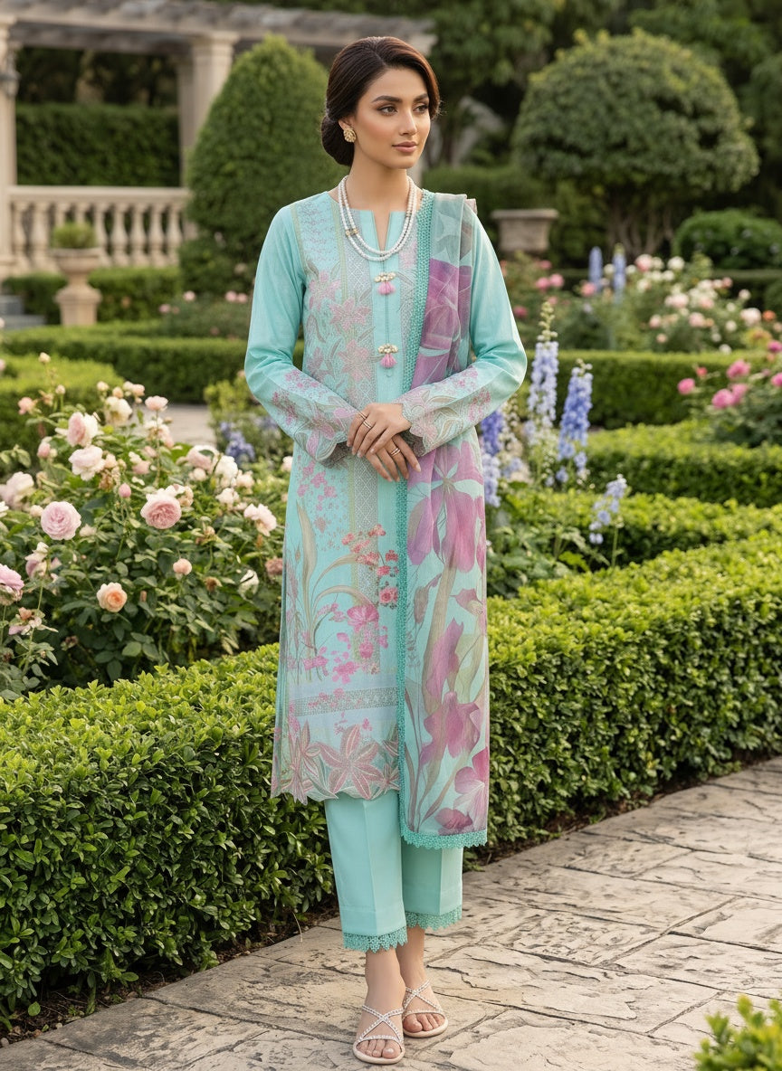 Aster Aqua Printed Lawn Suit with Voil Dupatta