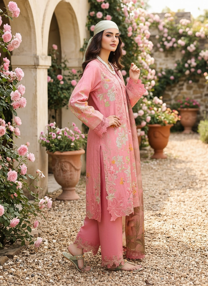 Blush Pink Printed Satin Stripe Lawn Suit with Voil Dupatta