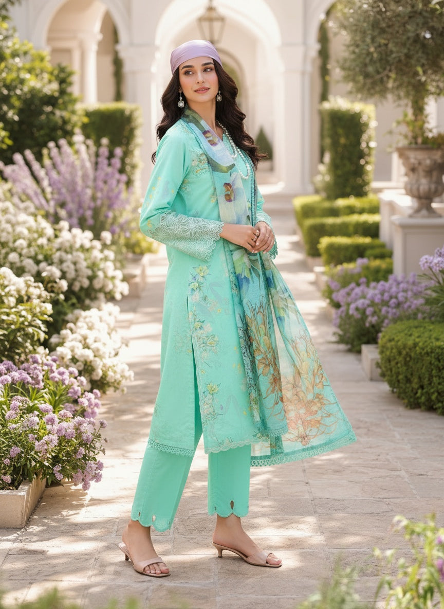 Sage Mint Printed Lawn Suit with Slub Dupatta