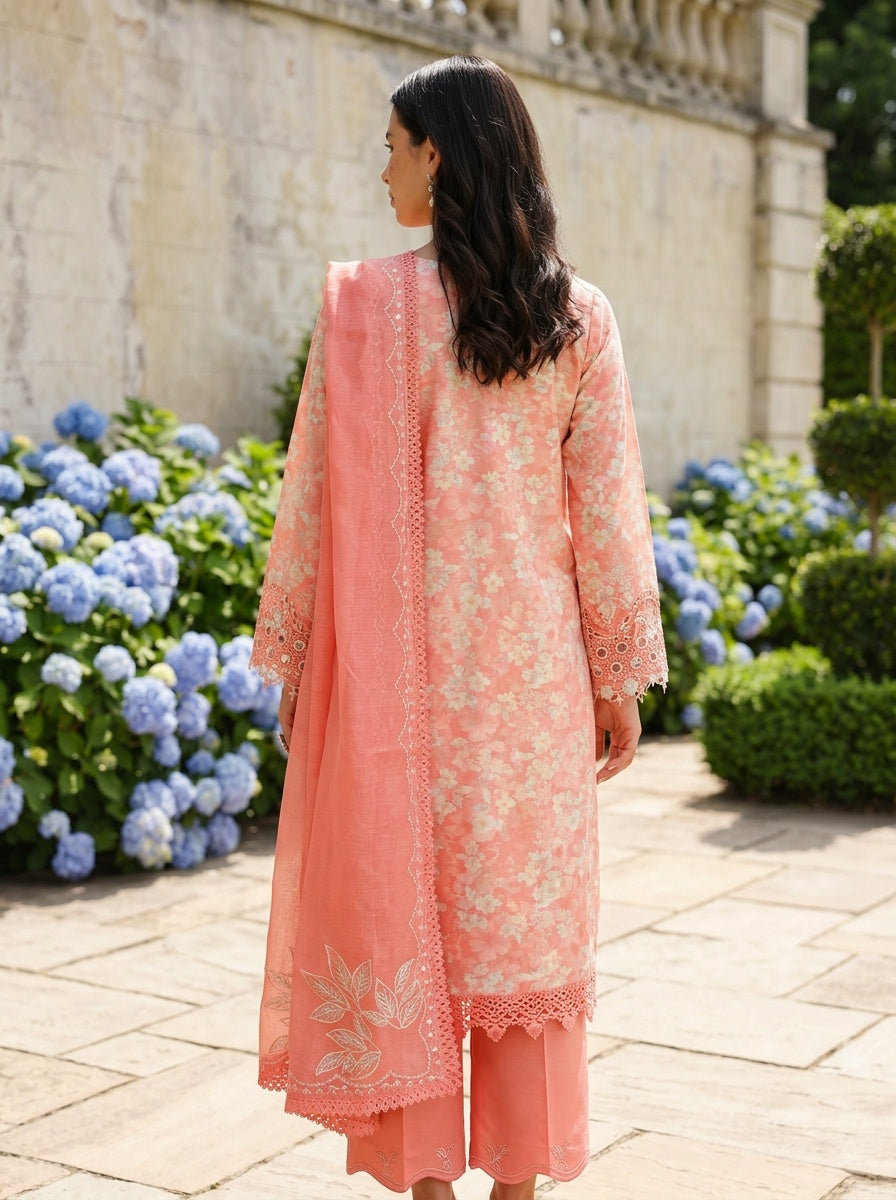 Safina Coral Printed Embroidered Lawn Suit with Embroidered Textured Dupatta