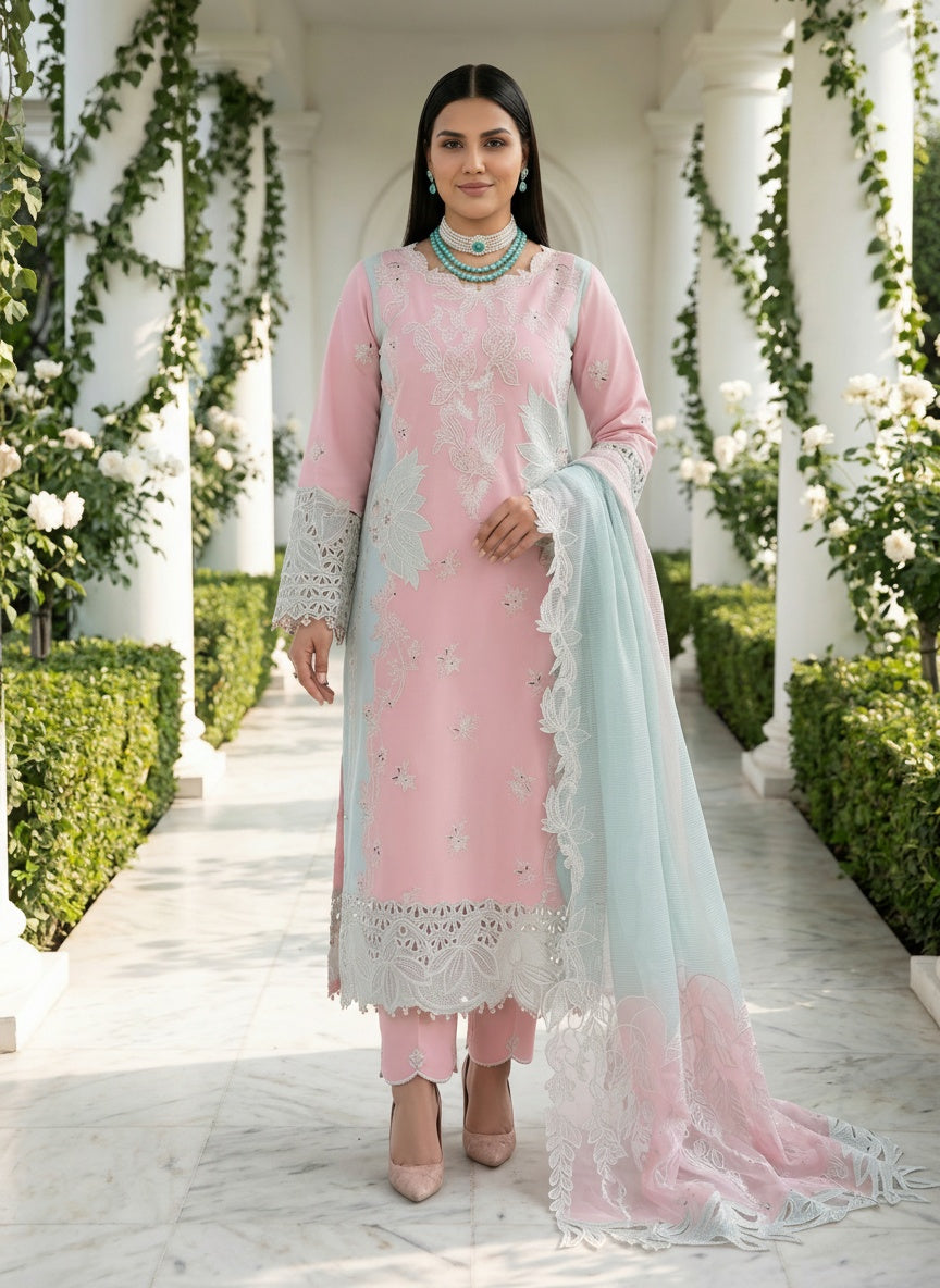Mahsa Blush Pink Embroidered Lawn Suit with Textured Dupatta