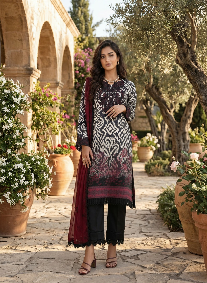 Peony Ivory & Black Printed Lawn Suit with Embroidered Chiffon Dupatta