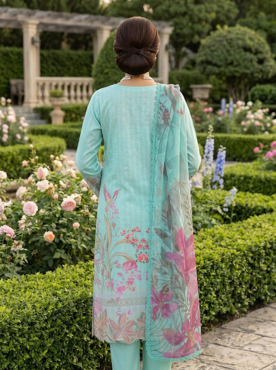 Aster Aqua Printed Lawn Suit with Voil Dupatta