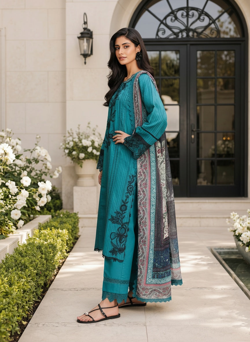 Rosemary Teal Printed Lawn Suit with Chiffon Dupatta
