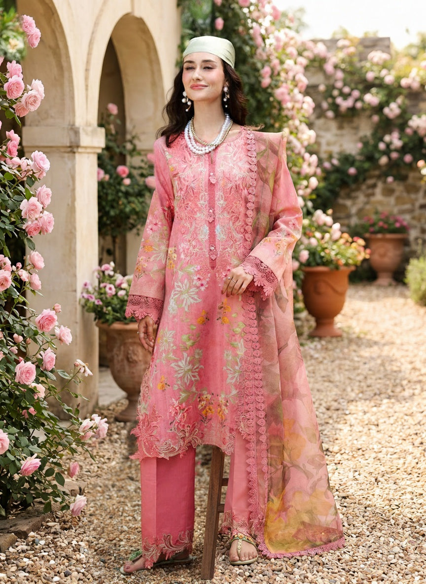 Blush Pink Printed Satin Stripe Lawn Suit with Voil Dupatta