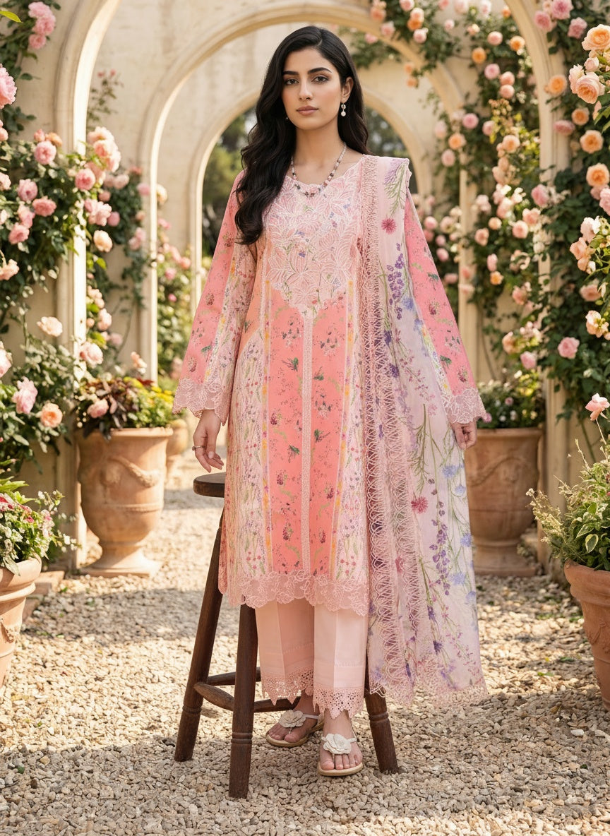 Daisy Coral Printed Satin Stripe Lawn Suit with Silk Dupatta