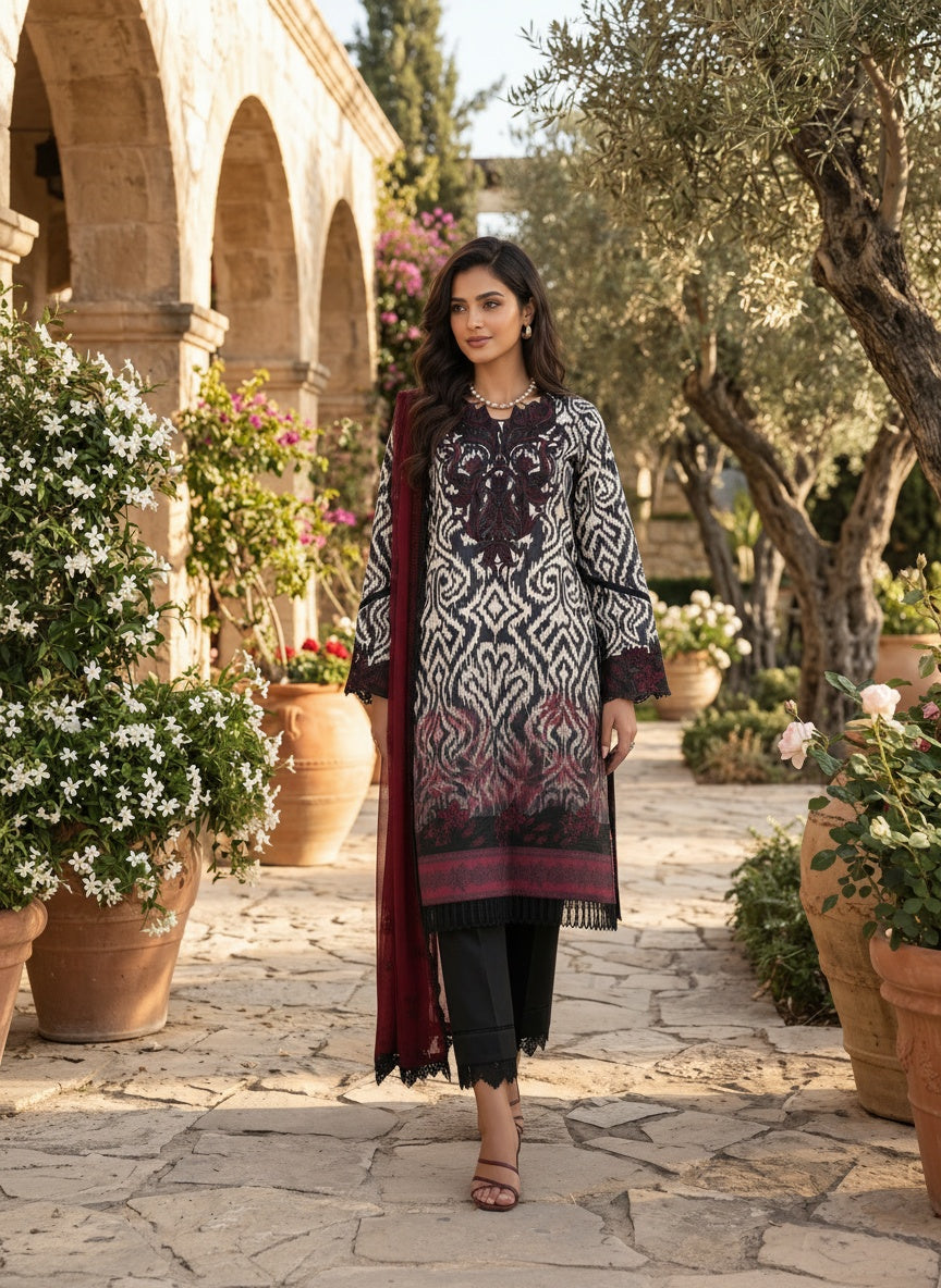 Peony Ivory & Black Printed Lawn Suit with Embroidered Chiffon Dupatta
