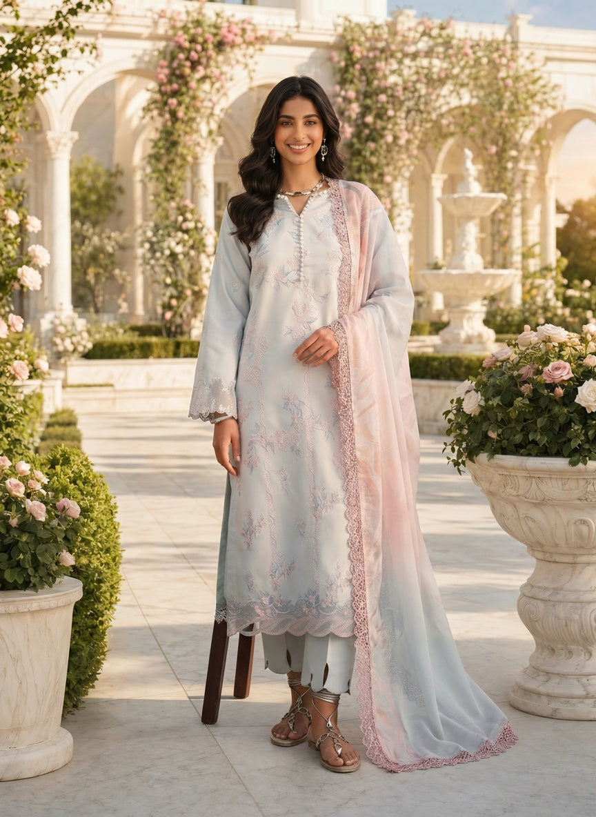 Celeste Powder Blue Embroidered Lawn Suit with Silk Dupatta
