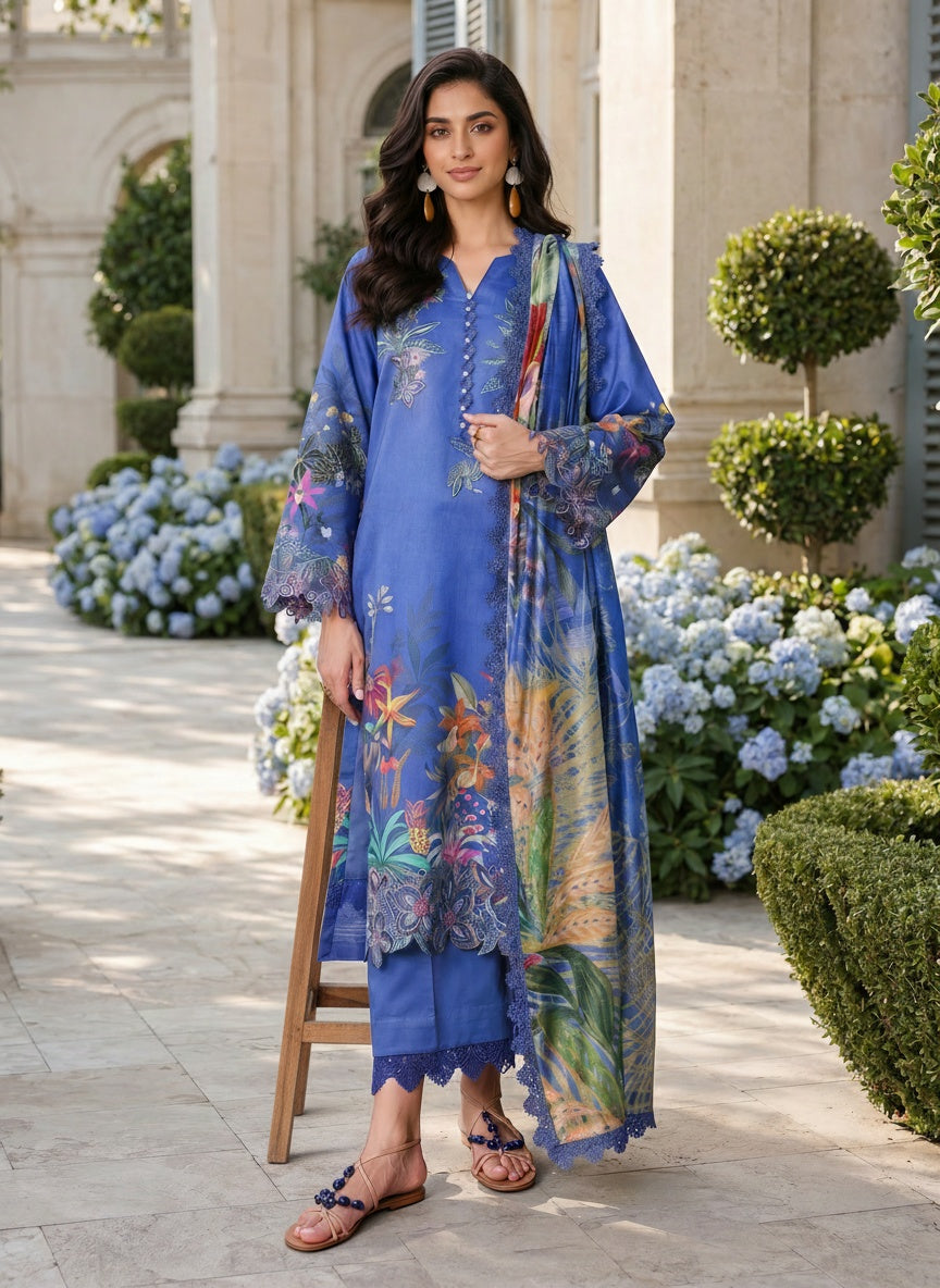 Symphonia Blue Printed Lawn Suit with Slub Dupatta