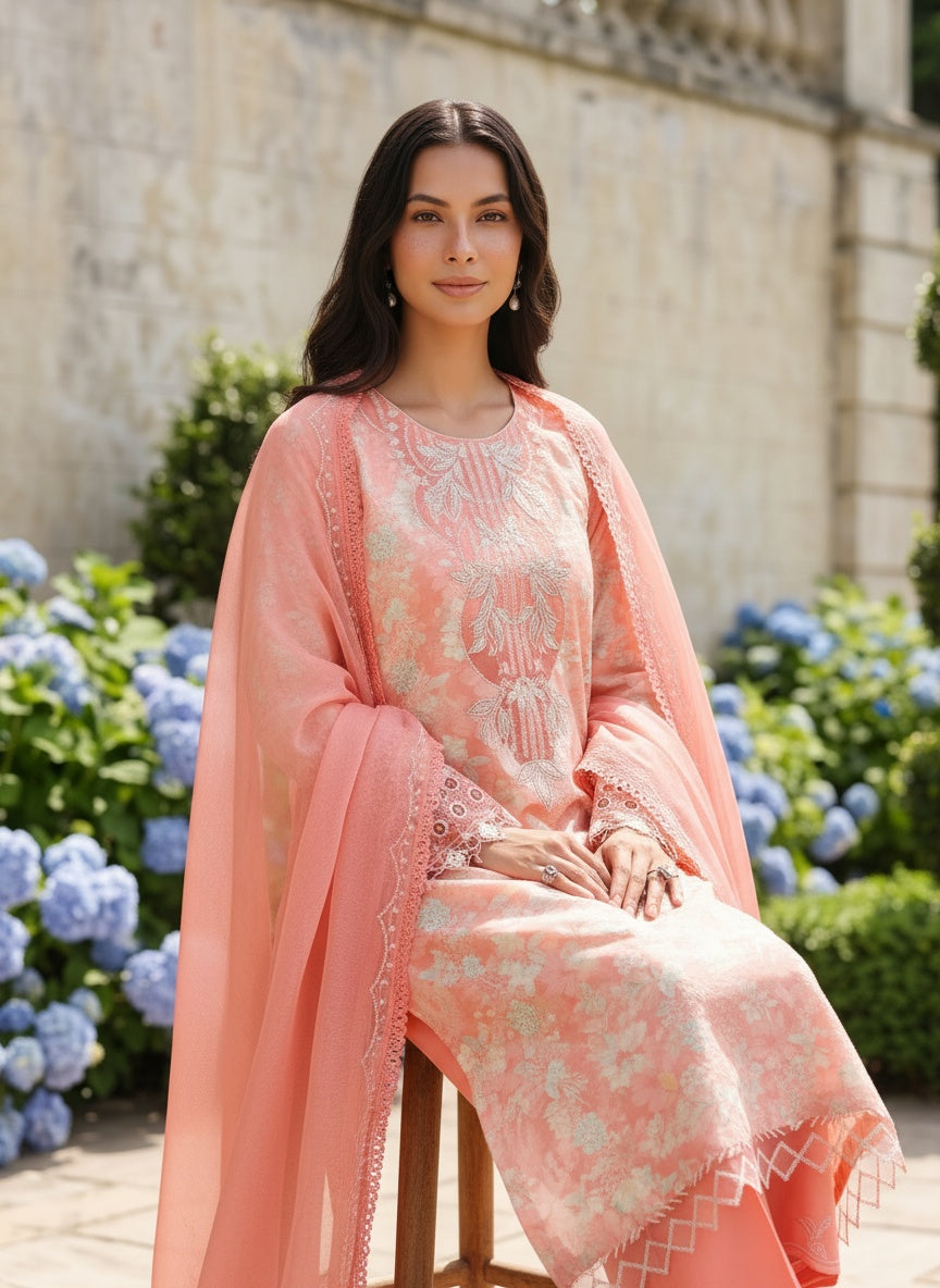 Safina Coral Printed Embroidered Lawn Suit with Embroidered Textured Dupatta