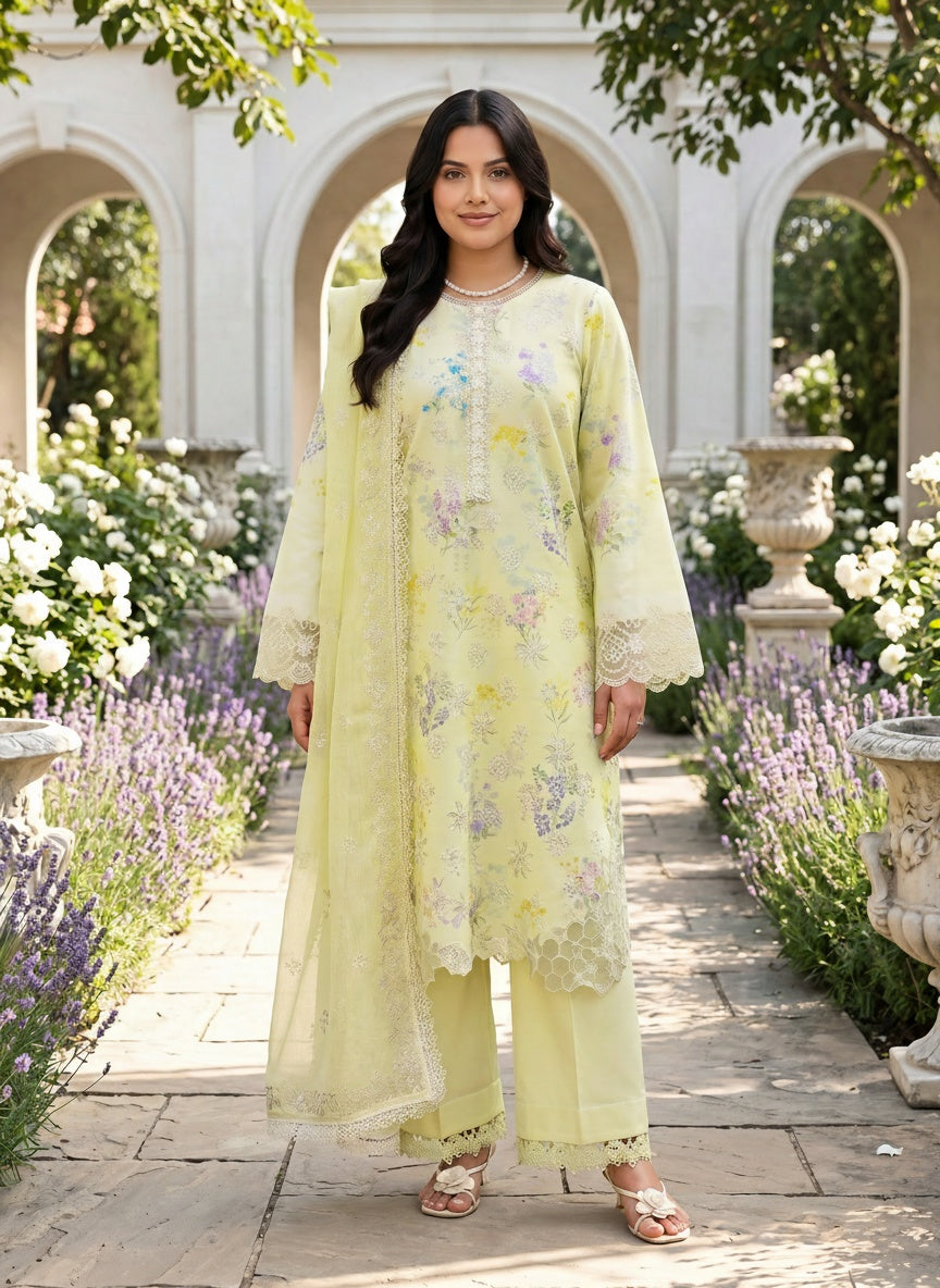 Misha Soft Lime Printed Embroidered Lawn Suit with Embroidered Dupatta
