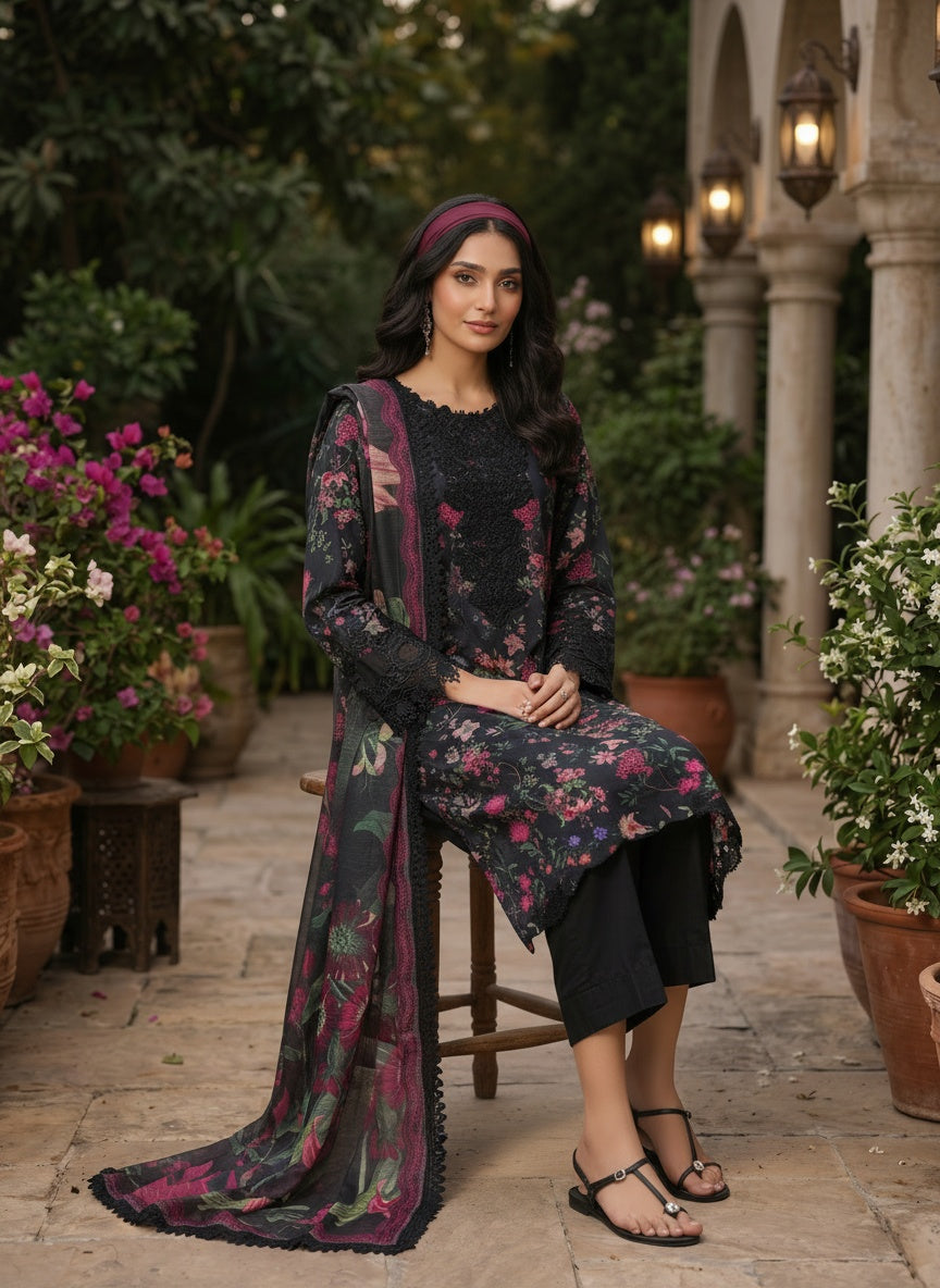 Midnight Black Printed Lawn Suit with Slub Dupatta