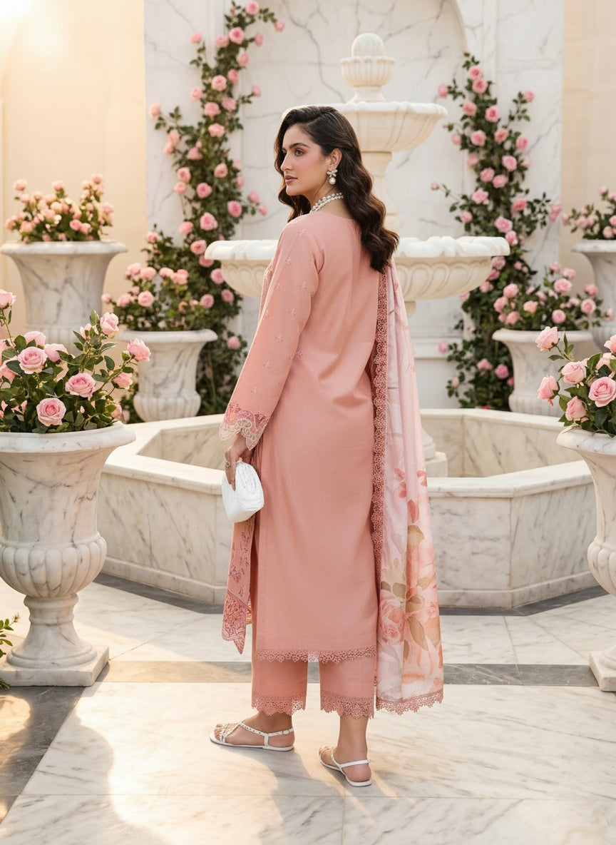 Aalen Dusty Peach Embroidered Lawn Suit with Tasser Silk Dupatta