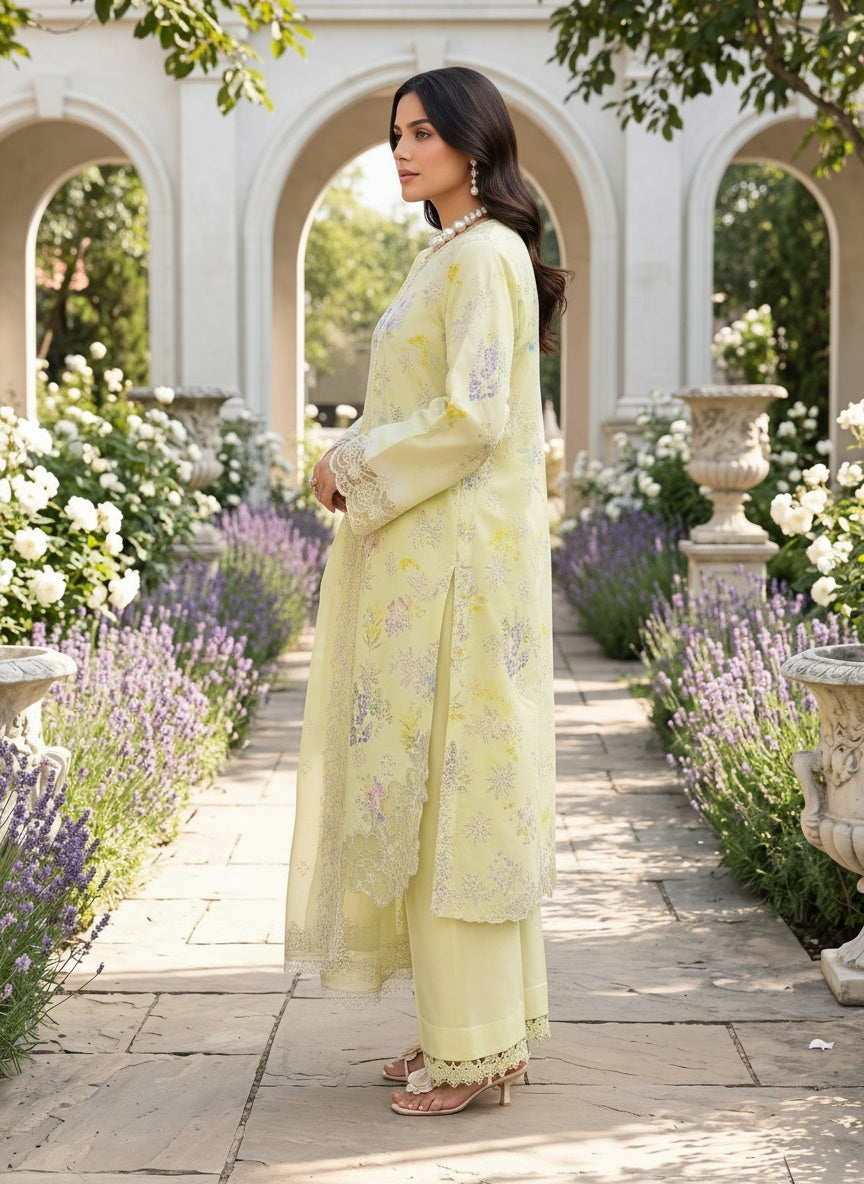 Misha Soft Lime Printed Embroidered Lawn Suit with Embroidered Dupatta