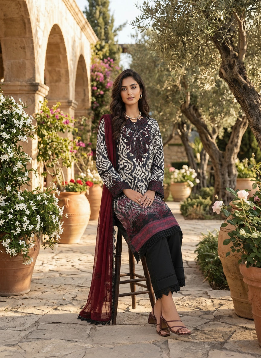 Peony Ivory & Black Printed Lawn Suit with Embroidered Chiffon Dupatta