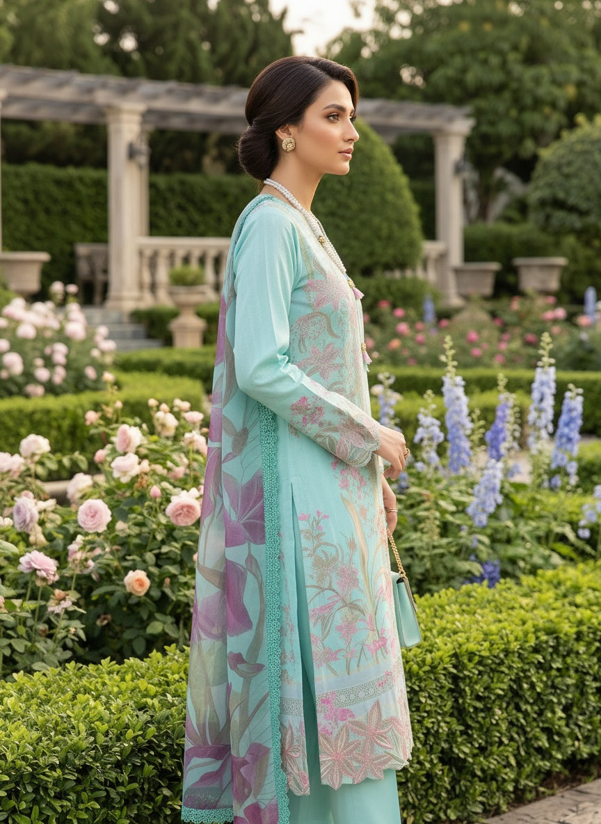 Aster Aqua Printed Lawn Suit with Voil Dupatta