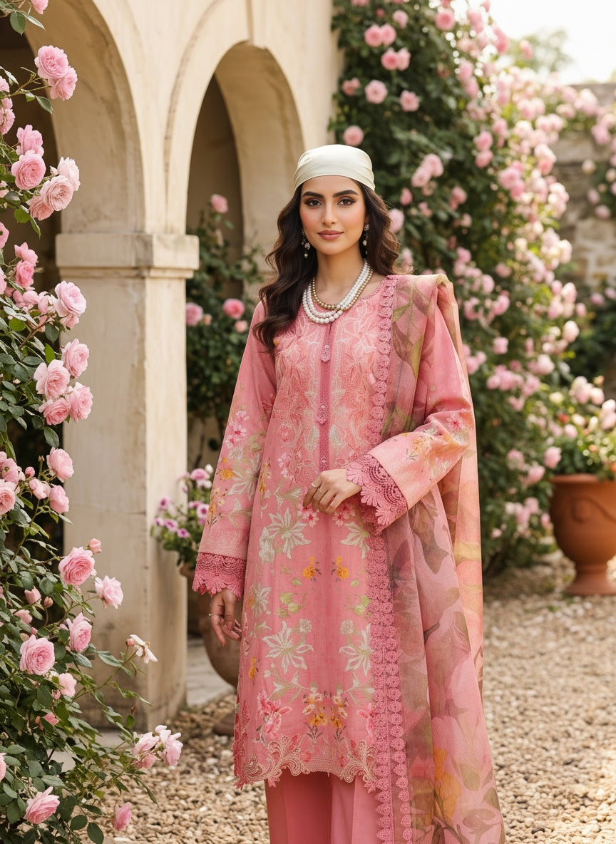 Blush Pink Printed Satin Stripe Lawn Suit with Voil Dupatta