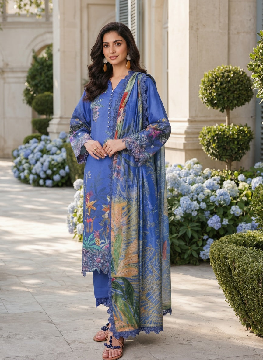 Symphonia Blue Printed Lawn Suit with Slub Dupatta